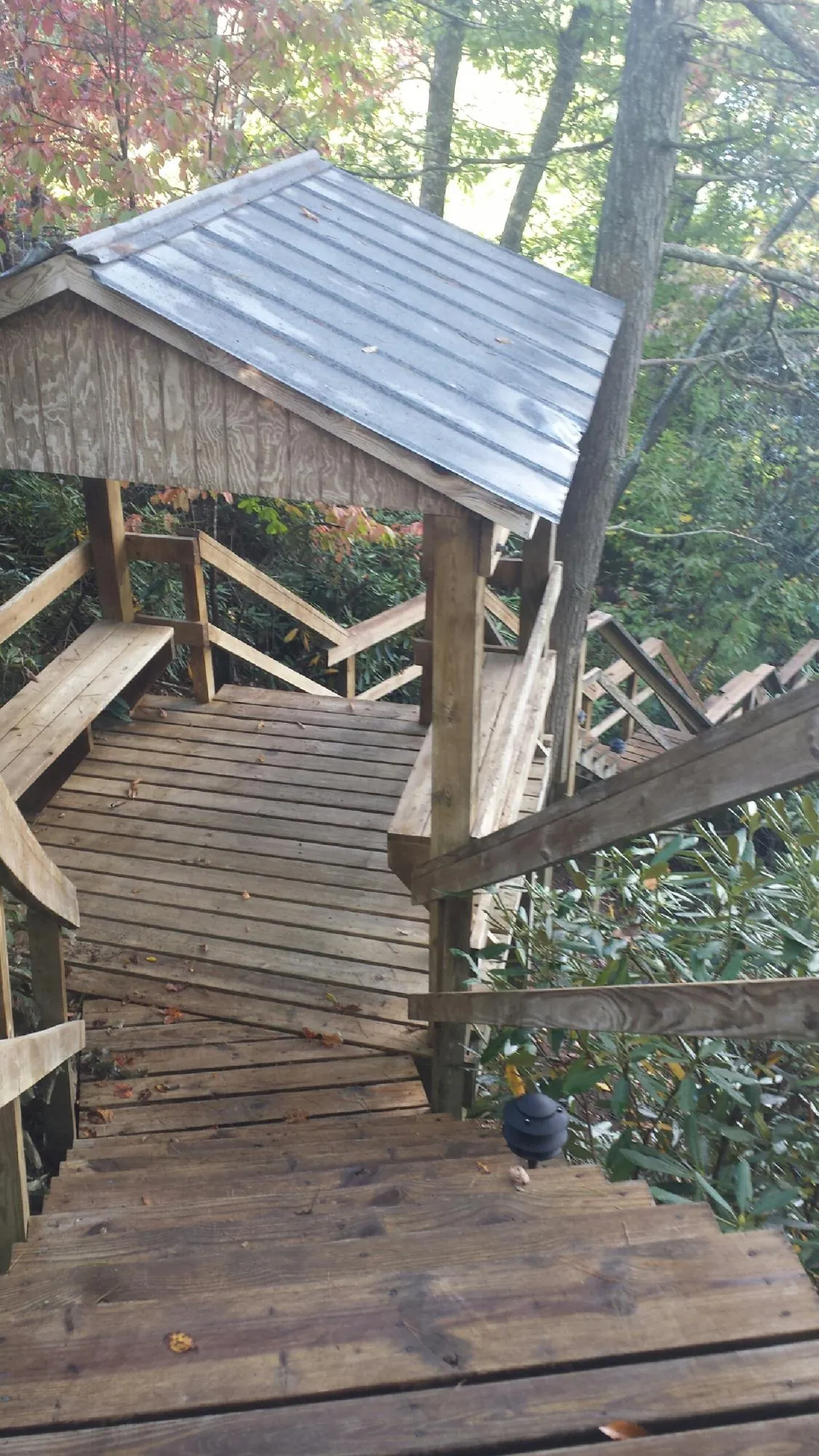 Metal roofed shelter over wooden steps on a wooded walkway — Skylight Repair & Installation work by our crew in Leiters Ford